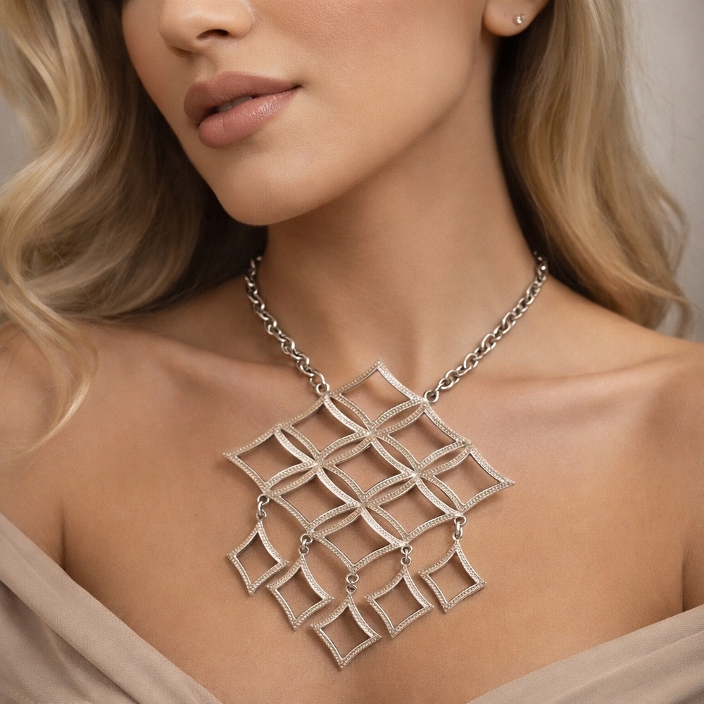 Vintage Hillcraft‎ Signed Silver Tone Geometric  Necklace Mid Century Modern